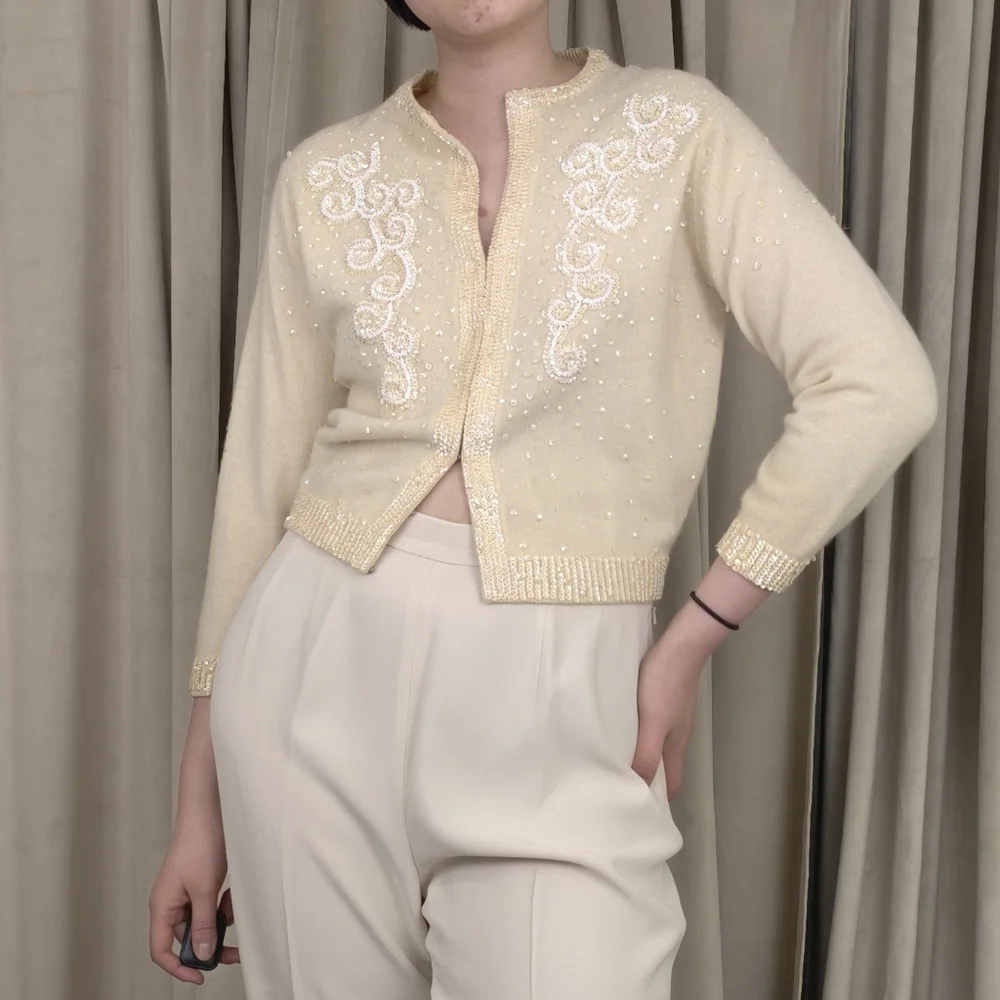 Vintage Wool and Rabbit Hair Cream Cardigan with Sequins Embellishments - Picture 1 of 8